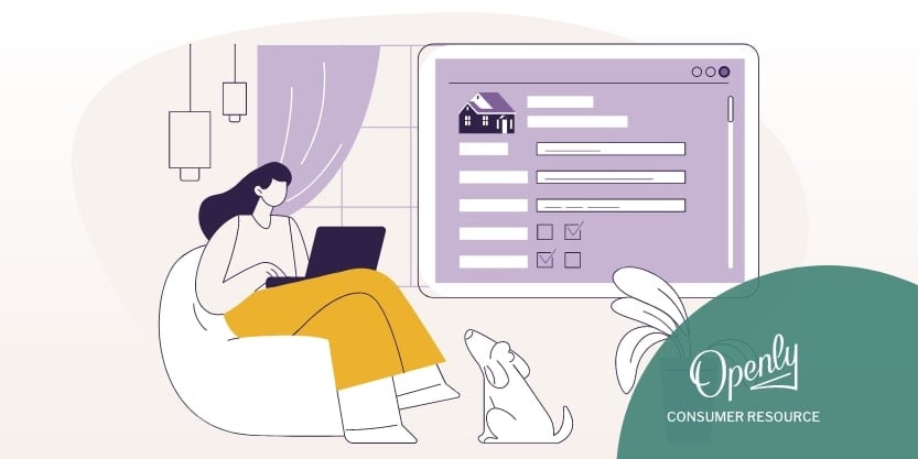 An illustration of a woman looking at her laptop while a dog sits at her feet. 