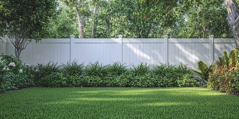 A white fence borders a yard. 