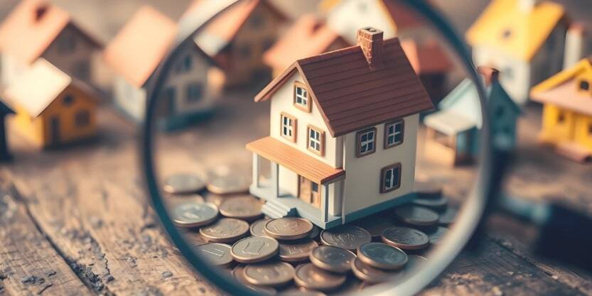 A magnifying glass is held up to a wooden toy house surrounded by coins. 