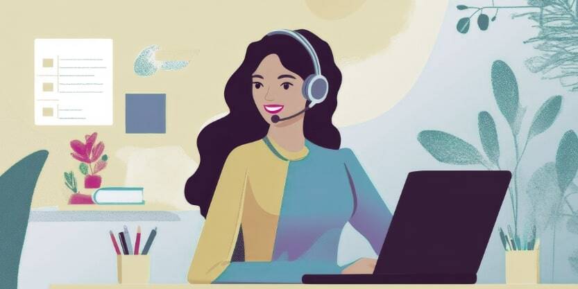 An illustration of a woman sitting at a computer wearing a headset. 