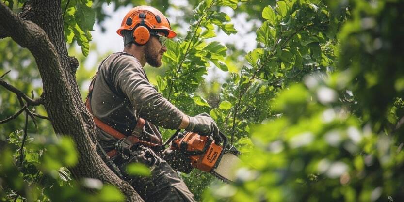 A contractor uses a chainsaw to trim a tree. 