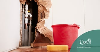 A bucket and sponge are on the floor next to a water pipe exposed through a hole in the wall.