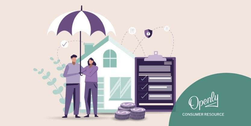 A couple stands under an umbrella in front of a house and next to a pile of coins and a clipboard with a checklist attached to it. 