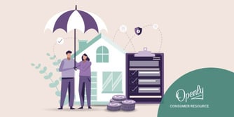 A couple stands under an umbrella in front of a house and next to a pile of coins and a clipboard with a checklist attached to it. 