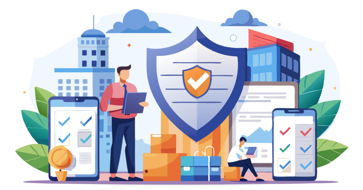 a graphic depicting a person on a computer, a shield, and graphics