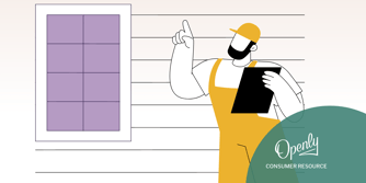 A contractor points to the siding on a house while holding a clipboard in his other hand. 