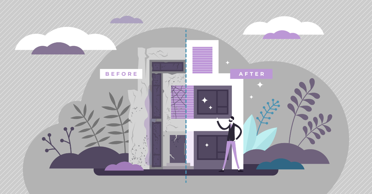 An illustration of a before-and-after comparison of a house in disrepair and after it is rebuilt.