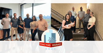 The Tom Ward Insurance Group logo is superimposed over group photos of the members of the staff from its two locations.