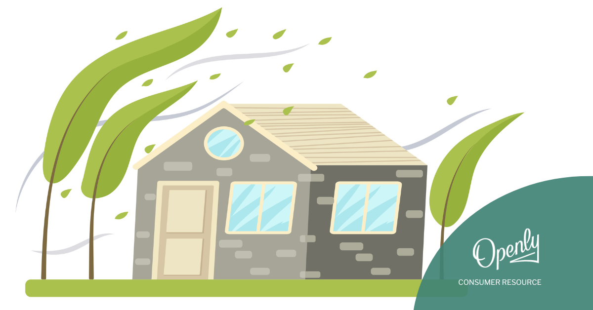 An illustration of a house and trees tilted by strong winds. 